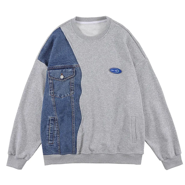 Hot Sale for Create Custom Shirts - Front Pocket Denim Patchwork Sweatshirt Custom Print Logo Round Neck Hoodie Casual Sweatshirts – Gift